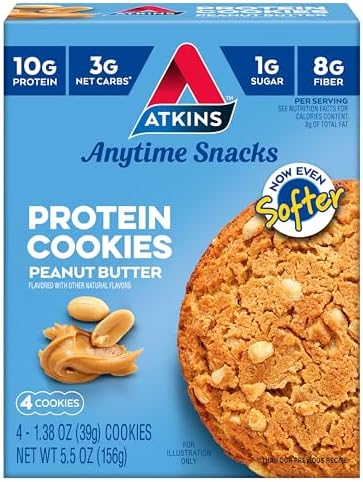 Atkins Peanut Butter High Protein Cookie, Keto Snacks, 3g Net Carb, 1g Sugar, Low Sugar Snacks, Low Carb Treats, 4 Count