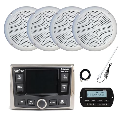 Infinity PRV-315.2 Marine Gauge Hole Mount USB Bluetooth AM/FM/WB Radio Receiver, Wired Remote, Extension, 4x 5.25