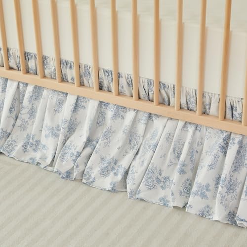 Image of Brandream French Country Toile Floral Print Cotton Crib Skirt Toddler Bedskirt Baby Nursery Crib Bed Skirt Boho Bohemian Neutral Blue Farmhouse Chic Ruffles Skirt