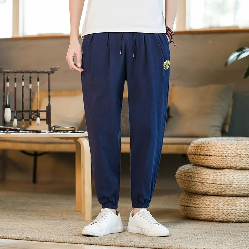 Summer Chinese Style Cotton Linen Casual Ninth Pants Men Embroidery Loose Harem Pants3