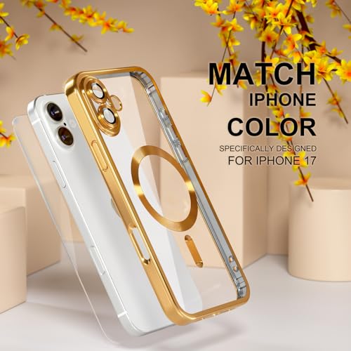 Image of Misea Magnetic for iPhone 17 Case Compatible with MagSafe Gold | [Never Yellowing] [Military Drop Protection] Full Camera Lens Protector Plating Soft Clear Phone Case for Women, Gold