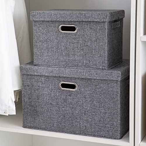 Image of HOKIPO Polyester Linen Multipurpose Storage Bins With Lid For Cupboard, Home And Office, Grey, Extra Large, Pack Of 2 (Ar4369-Xl*2)