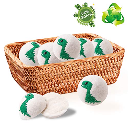 Wool Dryer Balls- 2019 New Green Dinosaur, 100% New Zealand Wool, Handmade, No Fading, Reusable Organic Natural Fabric Softener, Baby Safe Non-Chemical Reduce Wrinkles&Static Save Drying Time, 6Pack