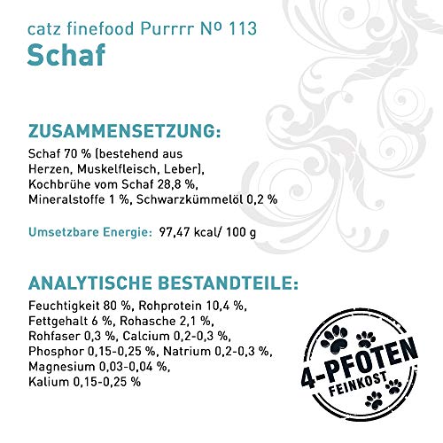 catz finefood Purrrr Schaf Monoprotein Katzenfutter nass N° 113, für ernährungssensible Katzen, 70% Fleischanteil, 6 x 200 g Dose