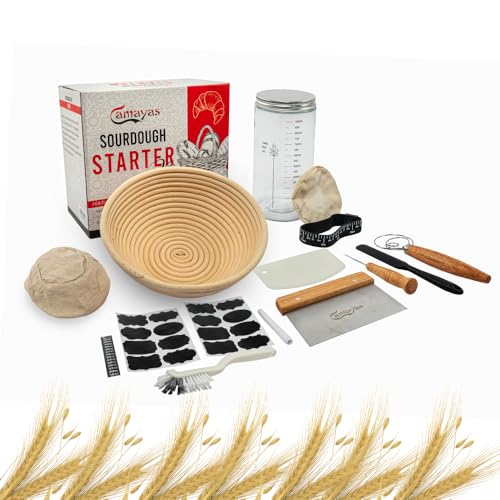 CAMAYAS Sourdough Starter Kit - Sourdough Bread Baking Supplies - Bread Making Tools Including 9” Banneton Bread Proofing Basket, 1000ML Sourdough Jar, Whisk, Scraper, Bread Lame, Cloth Liner