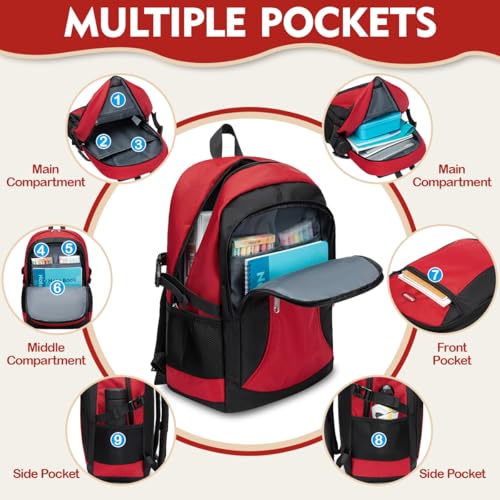 Kids Backpack for Big Boys Bookbag Middle Junior High College Student Back to School Teen Teenage Youth Schoolbag Ages 8-12 10-12 12-14 Years Old Mochilas Escolares Para Adolescentes Large 18 Inch Red2