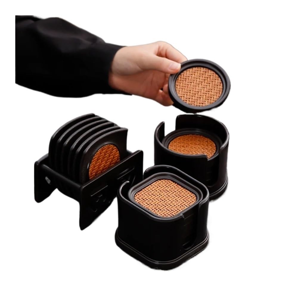 Posavasos de aislamiento térmico, tejido de bambú redondo de estilo chino, tapete hecho a mano para juego de té y tazas de café. 6 piezas con estante de almacenamiento (6 juegos G)