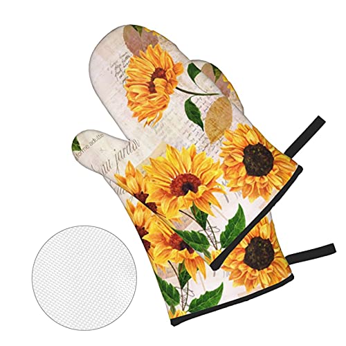 Oven Mitts And Pot Holders, Set Of 4,Hand Drawn Vibrant Yellow Watercolor Sunflowers Flowers Old Letterse, Gloves With Durable Hot Pads, Cooking #TOP2