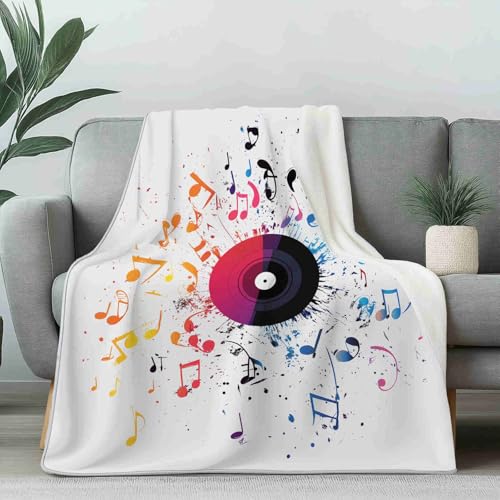 3D Kuscheldecke für Erwachsene Musik Vinyl Schallplatten Wohndecke Flauschig als Sofa Deko Graffiti Musiknote Tagesdecke Malerei Farbspritzer Fleecedecke Warm für Couch und Sessel, 130x150 cm