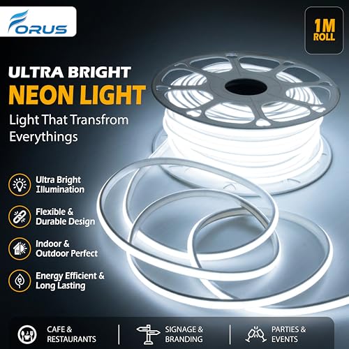 Image of Forus 1M LED Neon Strip Light White, 240 LEDs /M High Brightness COB Neon Rope Light, Waterproof IP65 Flexible Silicone Strip, Cuttable LED Light for Home, Bedroom, Wall Decor, Shop, Festival Lighting