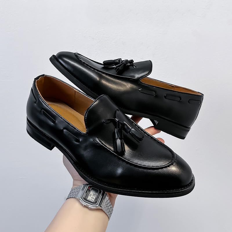 Santimon Men’s Leather Moc Toe Tassel Loafers – Anti-Slip Rubber Sole Lightweight Slip-Ons for Weddings, Office & Formal Events3