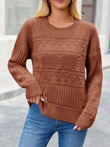 Yousify Womens Long Sleeve Sweaters Casual Crewneck Cable Knit Crochet Loose Fit Fall Pullover Tops4