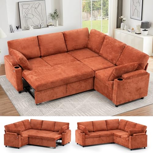 Image of 85 inch Chenille Sectional Sofa w /Pull Out Bed & Storage Space, Orange | Upholstery L Shaped Couch w /Cup Holders, Modern Corner Sofa w /USB Charging Port & Throw Pillow for Living Room