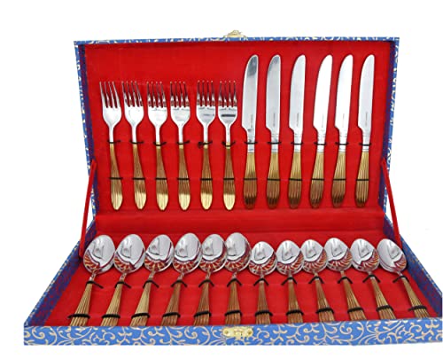 Heimisch Zisavio Gold Color 24 Pcs Spoon Set With Gifting Box Case Chrome Finish 304 Grade Stainless Steel, Food Safe – 6 Dinner Spoons, 6 Medium Spoons, 6 Dinner Forks, 6 Dinner Knife Premium Fancy Cutlery Set For Kitchen And Dining Table – Rust Proof (Gold)