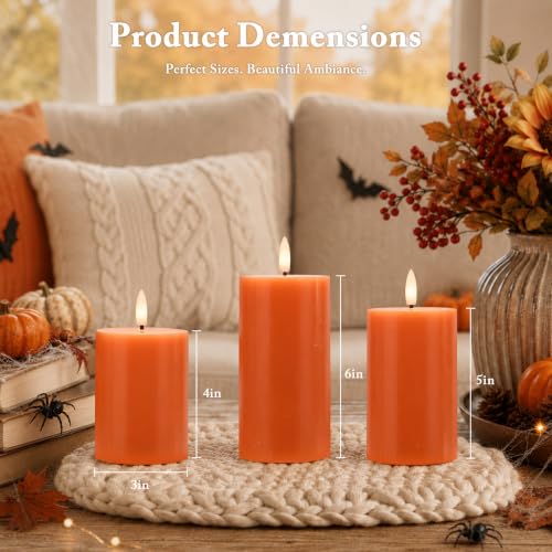 Image of JOIONE Orange Flameless Pillar Candles with Remote, 3 Pack Halloween Decor | Battery Operated LED, Fall Orange Real Wax, Remote Control, Warm Flickering Glow, Safe Halloween Home & Party Decor