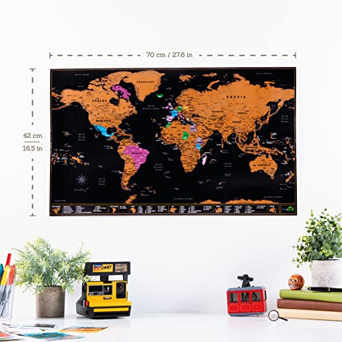 Scratch Off World Map Large 70x42cm | Ultra Detailed World Map Poster - All US States. Scratch Map World Accessories Kit & Gift Tube. Travel Journal Wall Art - Deluxe Cartographic Map by Atlas & Green