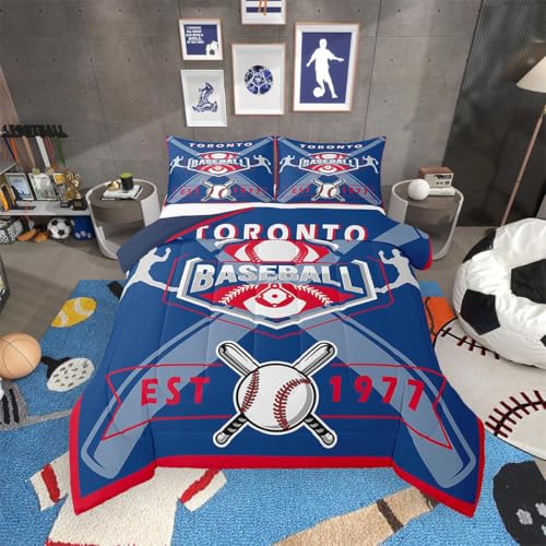 Erosebridal Sports Bedding Twin,Baseball Players Comforter for Kids Boys Girls,Baseball Lovers Quilt Inner Fill,Baseball City Down Comforter with 1 Pillowcase,Blue Red,Toronto