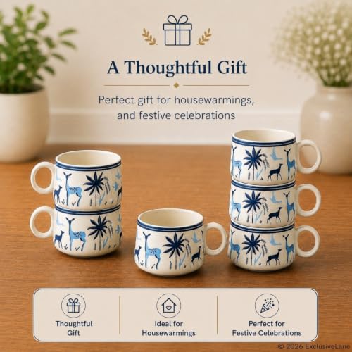 Image of ExclusiveLane 'Deer & Floral' Ceramic Tea Cups Set of 6 for Tea Cups Ceramic (Set of 6, 150 ml, Microwave Safe, White & Blue)| Coffee Cup Set Ceramic Cups for Tea Cup Chai Cups Drinkware