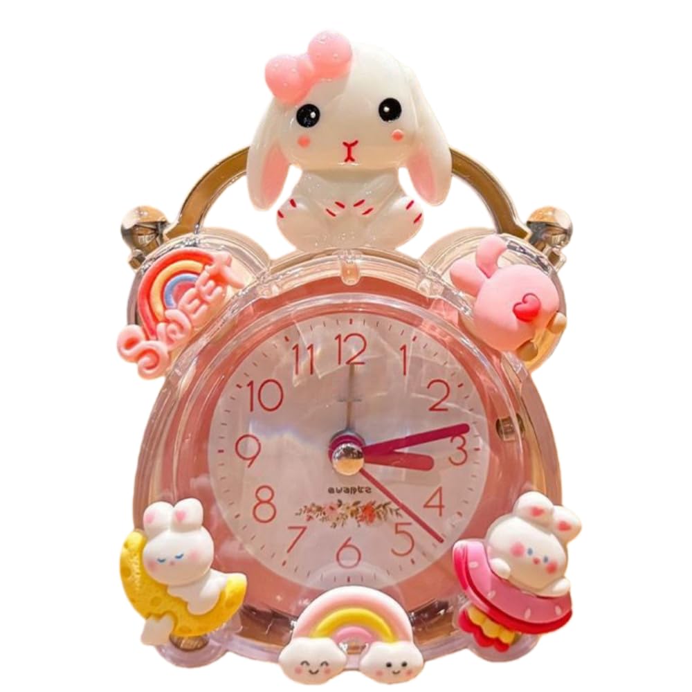 Omeiu Girls Rabbit Store Capybara Panda Alarm Clocks Non-Ticking Kids Silent Bedside Alarm Clock, Loud Double Bell Clock With Backlight,Suitable For School Gift (Rabbit)
