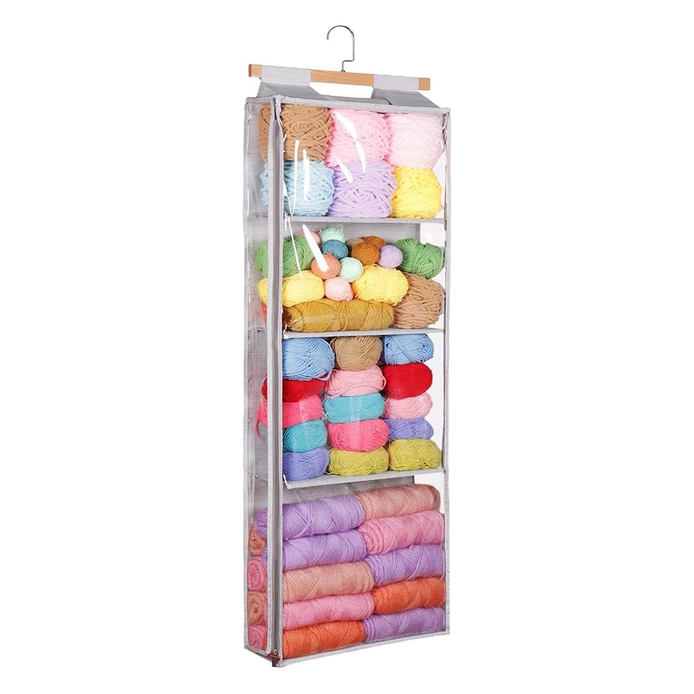 IJSDNVJNDX Hanging Yarn Storage with 4 Large Zipper Pockets, for Crochet Lovers Clear Knitting Organizer