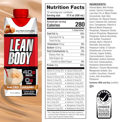 Image of Lean Body Ready-to-Drink Salted Caramel Protein Shake, 40g Protein, Whey Blend, 0 Sugar, Gluten Free, 22 Vitamins & Minerals, 17 Fl Oz (Pack of 12)