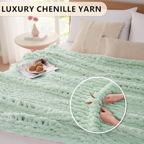 Image of L'AGRATY Chunky Knit Throw Blanket for Couch, 60 x 80 Inches, Milky Green
