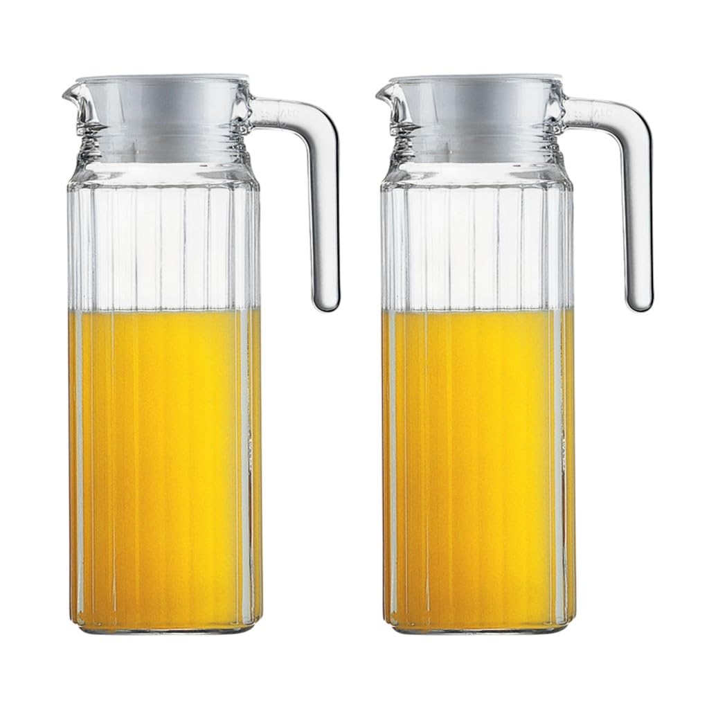2 x Glass Fridge Door Jug Dispenser - 900ml Glass Water Jug with Lid - Clear Water Pitcher with Ribbed Glass Design & Handle - Non Drip Pouring Spot - Milk, Water, Juice, Pimms, Squash Jug.