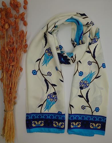 MutluHan Turkish Scarf - 100% Silk Tulip Design | Navy Blue Turquoise | Luxurious and Comfortable Women’s Scarf, Perfect for Gifts and Special Occasions, Suitable for Daily, Evening and Office Wear2
