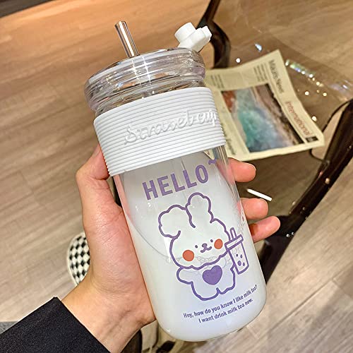 Kawaii Water Bottle Cartoon Bear Cute Water Bottles Milk Juice Coffee Glass Water Bottle With Straw, Portable Leakproof Water Cup For Girls Boys, Bpa Free, 15 Oz (Milk Tea Rabbit) #TOP6