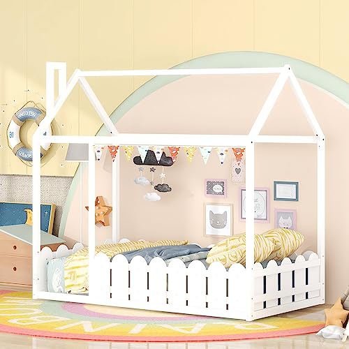 MERITLINE Twin House Bed for Kids Wood Playhouse Bed Frame with Rails & Roof, Montessori Floor Bed for Girls Boys Teens (White)
