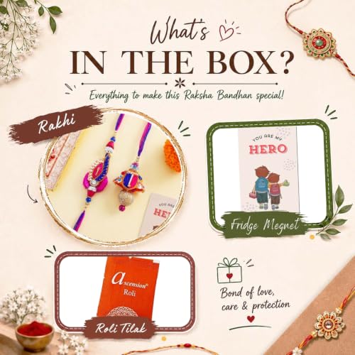 Image of ascension Elegant Bhaiya Bhabhi Couple Rakhi Multicolor Handmade Bracelet Rakhi for Raksha Bandhan with Roli Tilak & You are My Hero Fridge Magnet