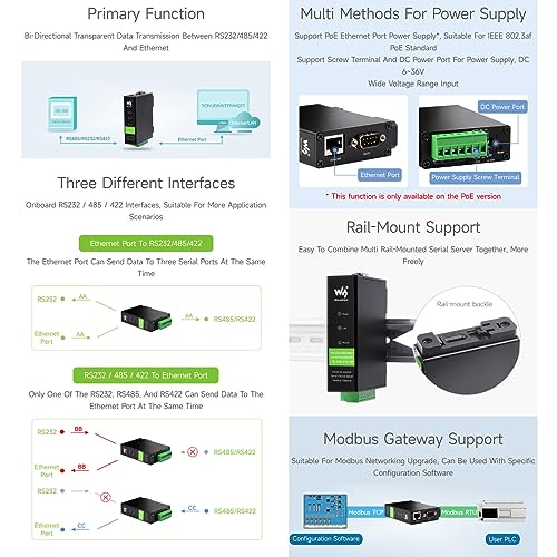 Waveshare RS232/485/422 to RJ45 Ethernet Module, TCP/IP to Serial, with POE Function, Bi-Directional Transparent Transmission, Suitable for Data Acquisition, Intelligent Instrument Monitoring, etc - Image 6