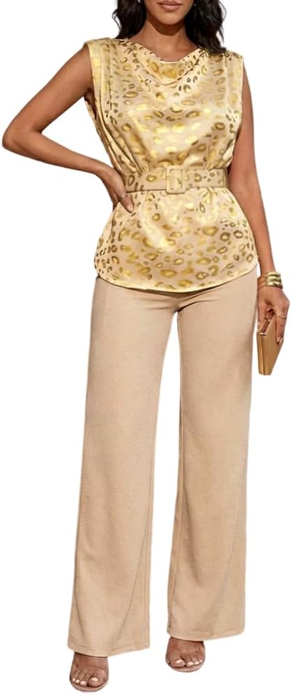 Women's 2 Piece Pant Set Metallic Leopard Print Sleeveless Cowl Neck Top with Shoulder Pads Retro Party Outfit