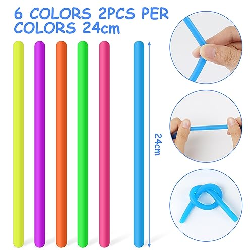 Ainiv 12 Stück Bunte Dehnbare Saiten, Sensory Noodles Fidget Toys, 24 cm Sensorische Dehnbar Schnur Fidget Toys Stretch Spielzeug Set, Spielzeug Stress Relief Zappeln für ADD, ADHS, Autismus(6 Farben)