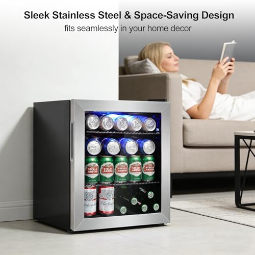 Image of Mini Fridge Cooler - 50 Can Small Beverage Refrigerator Stainless Steel Glass Door for Soda Beer Wine-Countertop Drink Cooler for Home, Dorm, Office or Bar, Electronic Temperature Control,1.4cu.ft.