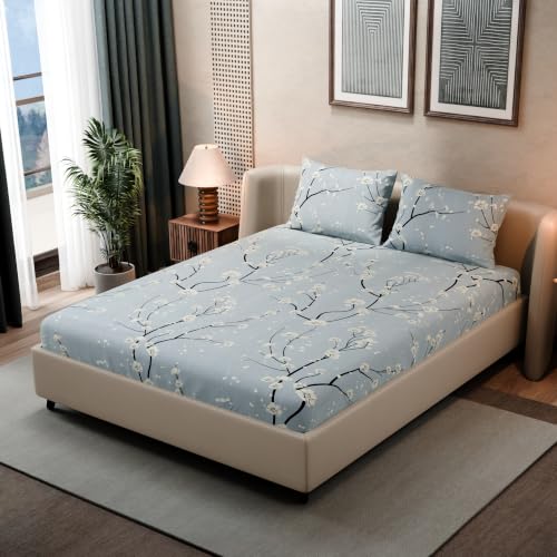 Image of BLISSHOME SoftTouch 140TC Cotton King Size Fitted Bedsheet with 2 Pillow Covers, Silky Smooth Bedding Set, Breathable, Easy Maintain, Floral Print - Grey, White (182cm x 198cm x 25cm Drop)