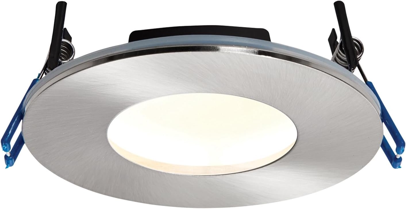 9W Satin Nickel Die Cast Aluminium Fire Rated Bathroom Shower IP65 Dimmable Anti Glare Recessed Warm White 3000K Slim Profile Ceiling LED Downlight