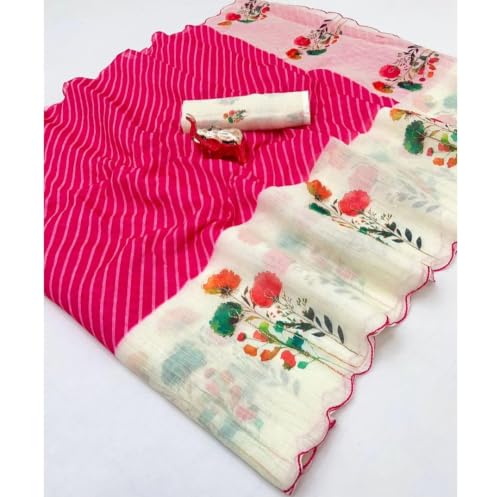 Image of Women's Linen Cotton Blend Saree Multicolor Ikat Brush Print Scalloped Border with Floral Print Unstitched Blouse Piece