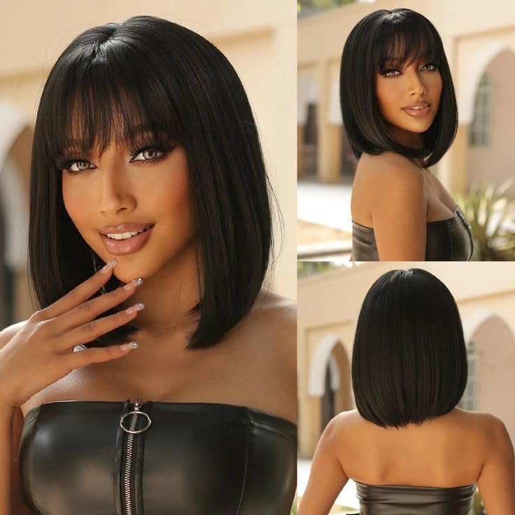Ruiyu 250 Density Bob Wig with Bangs Human Hair 2x4 HD Lace Closure Front Silky Straight Wigs Human Hair Glueless Ready to Wear and Go for Beginners 100% Brazilian Human Hair for Black Women 14 Inch - Image 8