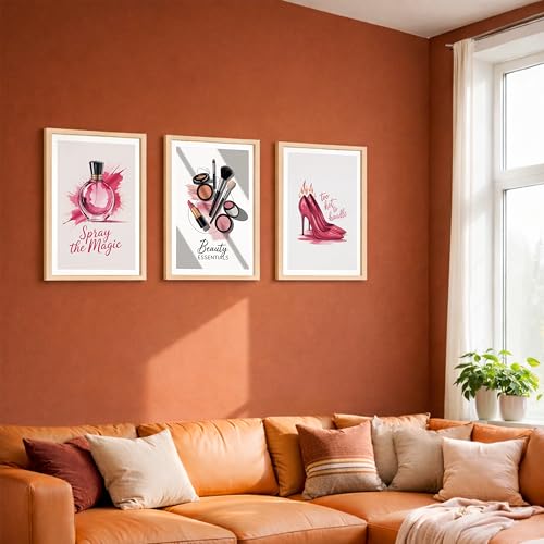 Image of NoWorries inchPink Fashion Wall Art Framed Painting Set of 3 | Perfume Bottle, Makeup Essentials & High Heel Illustration Posters with Frame | Glam Beauty Decor Frames for Bedroom, Vanity, Salon, Girls Room | Modern Chic Framed Wall Art (Art-17, 13x19inch, Wooden)