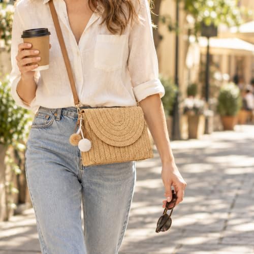 Image of Women Straw Crossbody Handbag, 10.63 x 7.87in, Detachable Strap