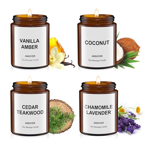 4PCS Massage Candles for Massage Therapy -Soy +Hemp Seed Oil, Body Oil Lotion Candle- Gift Set-18.08OZ (Vanilla Amber, Coconut, Cedar Teakwood, Chamomile Lavender)