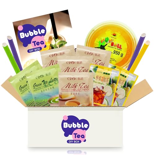 Bubble Tea DIY Set mit Passion Fruit Popping Boba - Für 4 Getränke - 14-teiliges Boba Tee Starter Kit - 3 Teesorten (Milchtee Grüner Tee Zitronen-Eistee) Fruchtperlen Strohhalme mit Anleitung