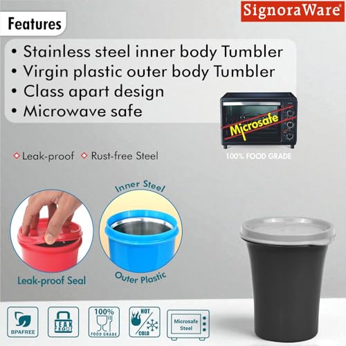 Image of SignoraWare Monarch Stainless Steel Tumbler | Airtight & Leakproof | Easy to Carry & Clean | Ideal for Cold Beverages | Perfect for Office, School, Home & Outdoor Use (400ml | Grey)