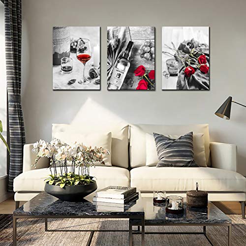 Canvas Wall Art Decor Wine Painting Artwork Poster Red Wine In Cups With Ice Rose Black White Canvas Wall Art Print Framed Pictures Red Rose Poster Giclee For Kitchen Bar Home Decorations 3 Piece #TOP5