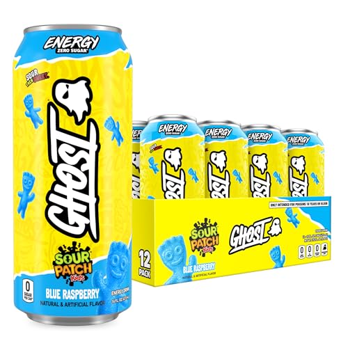 GHOST Energy Drink - 12-Pack, Sour Patch Kids Blue Raspberry, 16oz - Energy & Focus & No Artificial Colors - 200mg Natural Caffeine, L-Carnitine & Taurine - Gluten-Free & Vegan