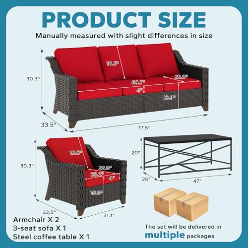 Image of 4 Pieces Outdoor Conversation Furniture Set - 77 inch Patio Sofa, 2 Wicker Armchairs, 1 Metal Coffee Table, Patio Wicker Furniture Set with Water-Resistant Cushions for Sunroom (Red) | Patio Chair Set with Olefin Removable Cushion, All-Weather Outdoor Couch with Deep Seat for Porch, Deck and Backyard, Red