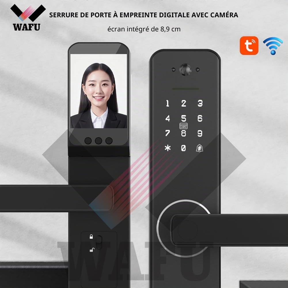 Serrure Intelligente avec Caméra Grand Angle de 120° et Sonnette Intelligente, Serrure de Porte avec Empreinte Digitale, Contrôle à Distance par App, Serrure de Sécurité Wifi pour Portes de