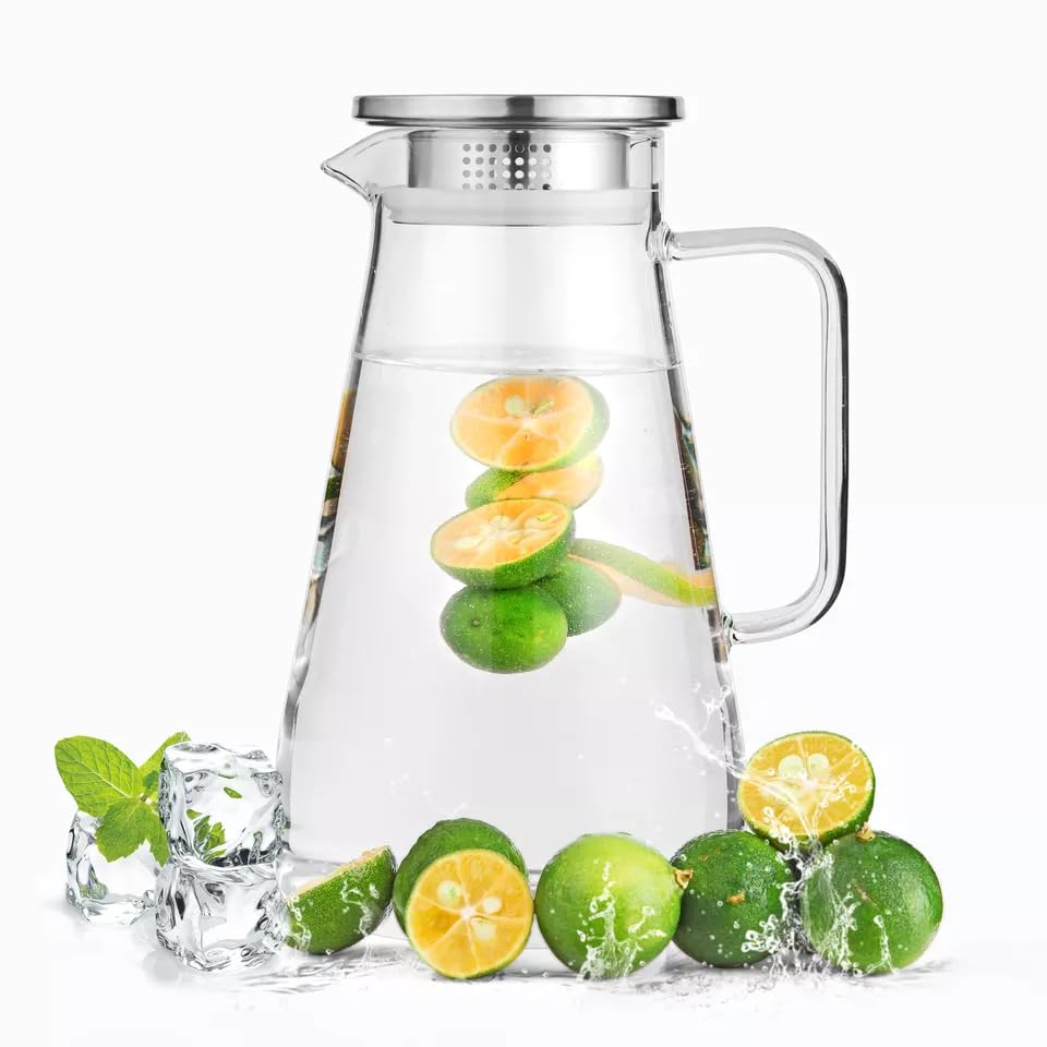 Image of Borosilicate Glass 1.8 LTR Water Jug with Handle, Juice Beverage Carafe with Stainless Steel Lid, Big Glass Iced Tea Pitcher, 1 Pcs Set (Borosilicate 1.8 Liter BOTOM Square)