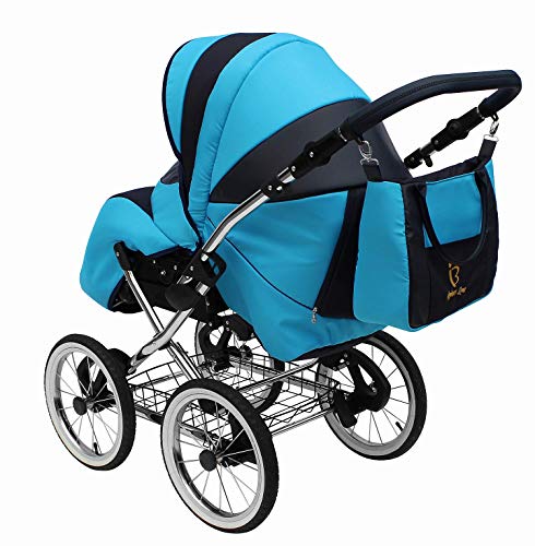 SKYLINE Klassisch Retro Stil Kombi-Kinderwagen Buggy 3in1 Reise System Autositz (Isofix) (Blau/14"Luft Bereifung)